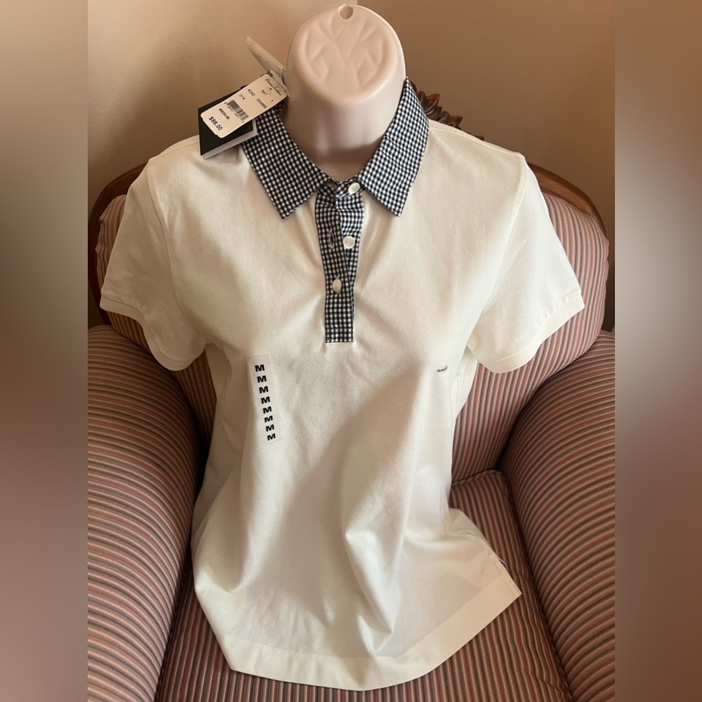 NWT New Women’s brooks brothers white gingham collar polo shirt medium m $88
